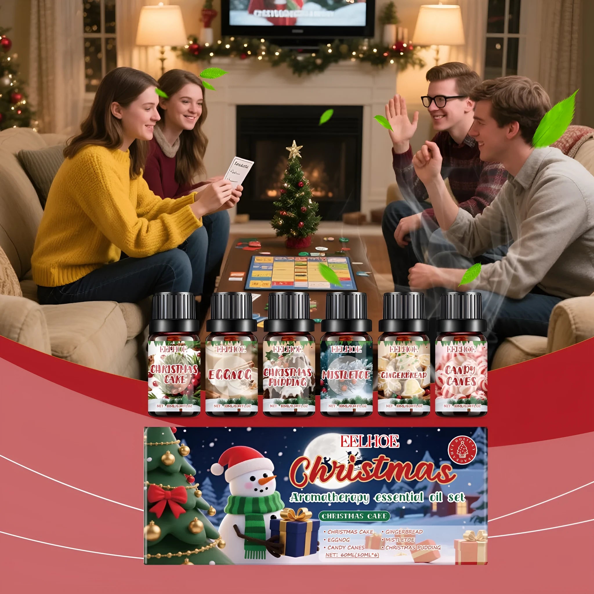 Christmas aromatherapy oil set showing six bottles including 60ml and 10ml sizes