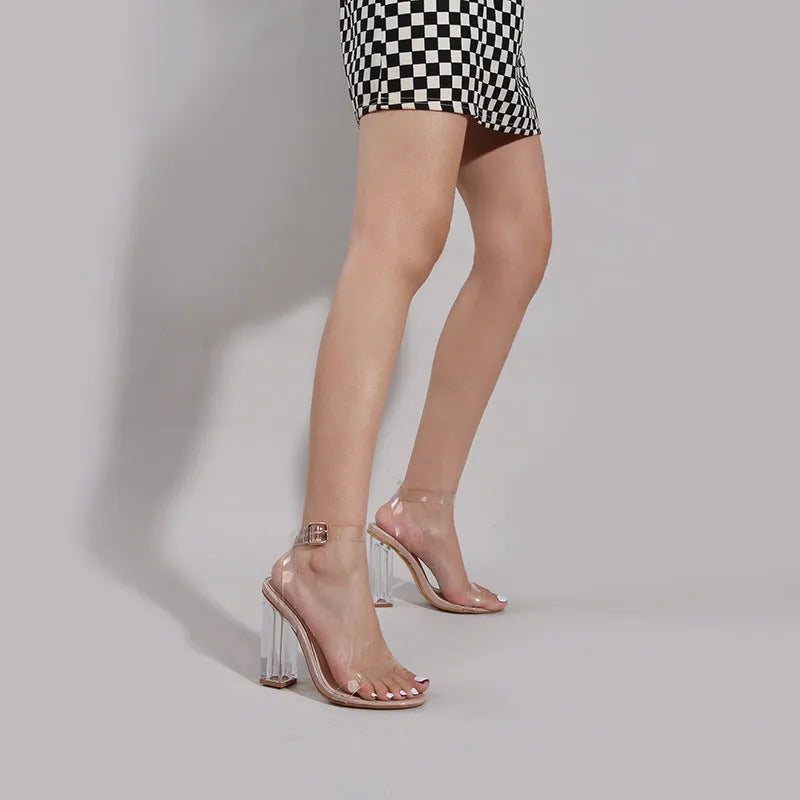 Apricot women's sandals with transparent glass heels and buckle closure