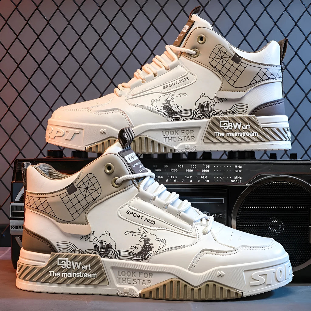 Men's high-top casual board shoes in beige, white, and blue colour options showing lace-up design