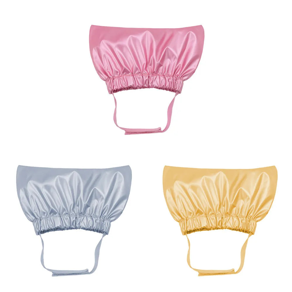 Adjustable non-woven fabric shower cap for pet ears in silver, pink, and gold colours