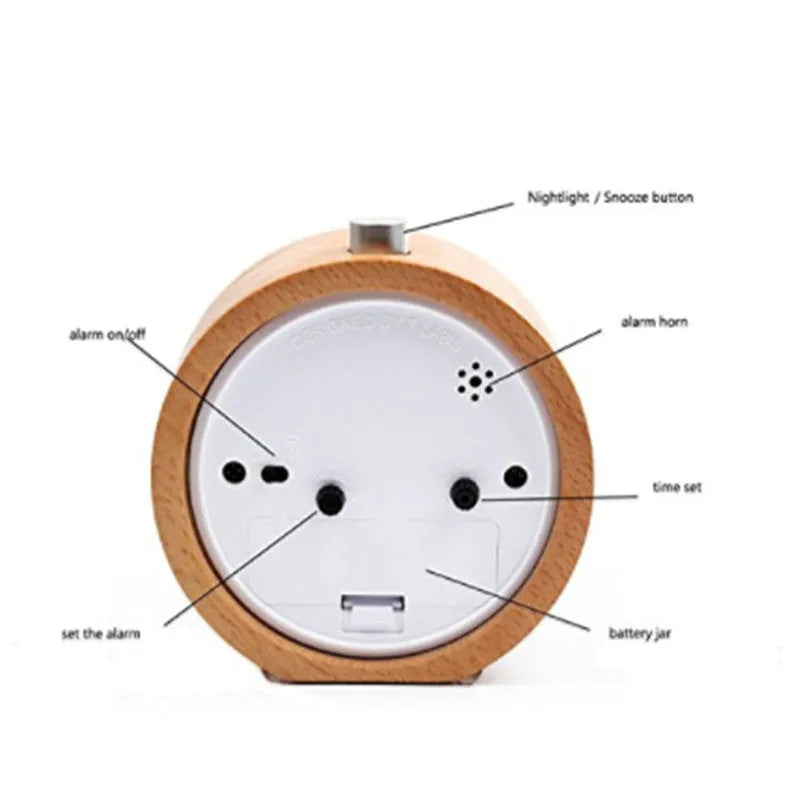 Solid beech wood square alarm clock with silent quartz movement measuring 9.5cm