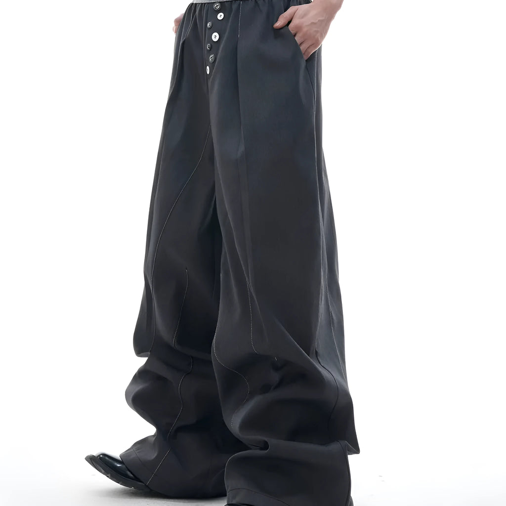 Straight-leg casual trousers with drooping style and button-open line design in black or grey