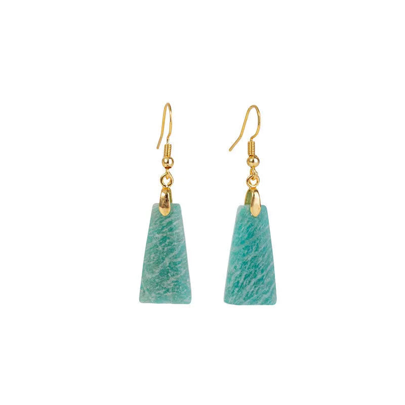 Amazonite trapezoid geometric earrings with rough stone cutting in gold tone setting