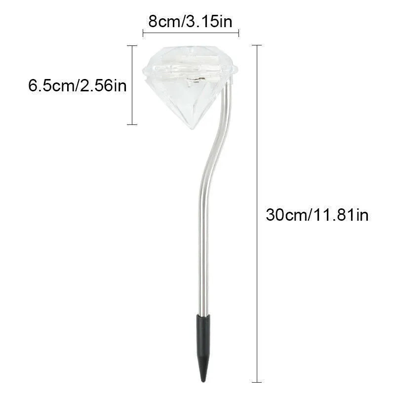White solar-powered diamond-shaped garden spotlight with adjustable head on a stake for outdoor installation.