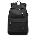 Canvas backpack with USB charging port in grey colour showing multiple compartments