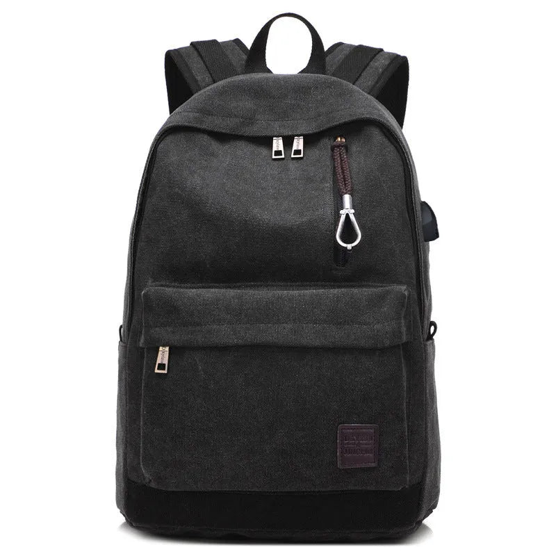Canvas backpack with USB charging port in grey colour showing multiple compartments