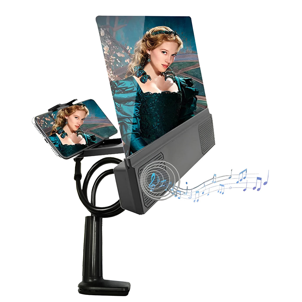 12-inch mobile phone screen amplifier with adjustable gooseneck mount and integrated speakers