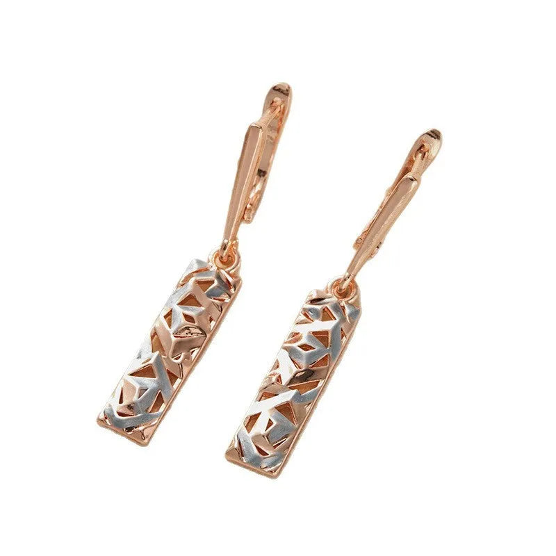 Rectangular two-tone hollow stud earrings with electroplated geometric design