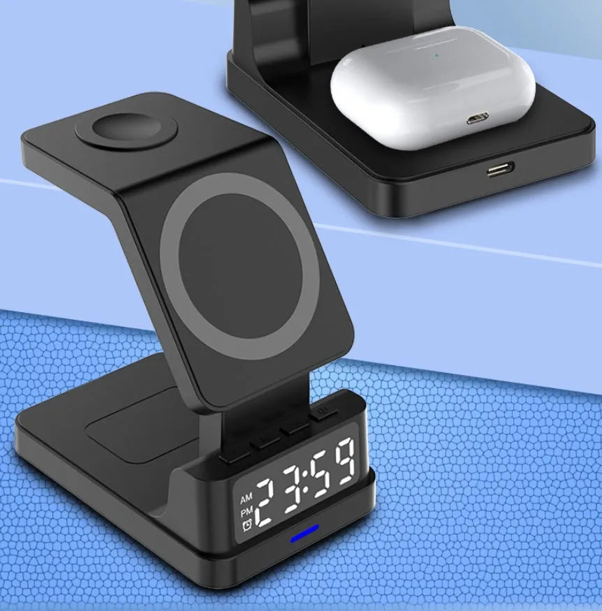 Black magnetic three-in-one 15W wireless charger with clock on a desk
