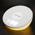 White 10W wireless charging pad with digital clock display and three control buttons