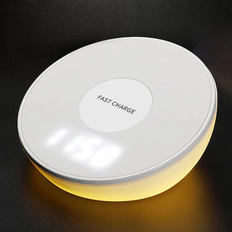 White 10W wireless charging pad with digital clock display and three control buttons