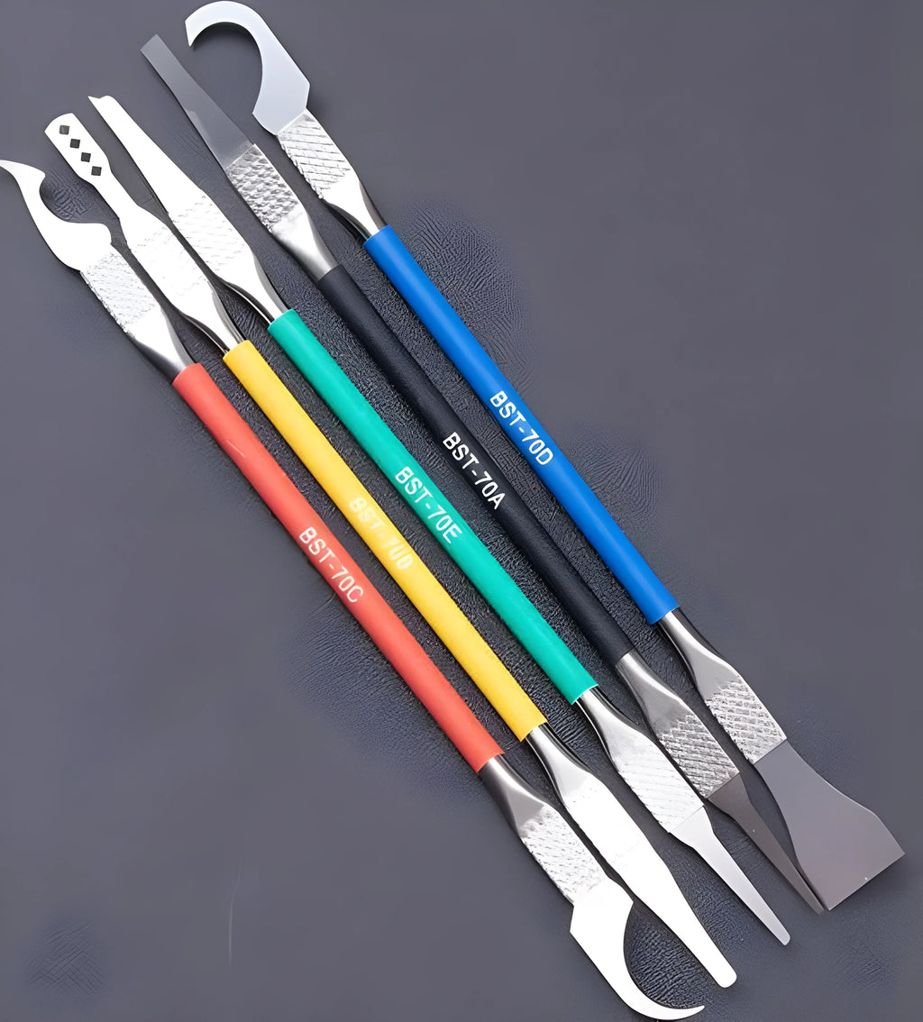 Five-piece plastic tool knife remover set with stainless steel blades for component disassembly