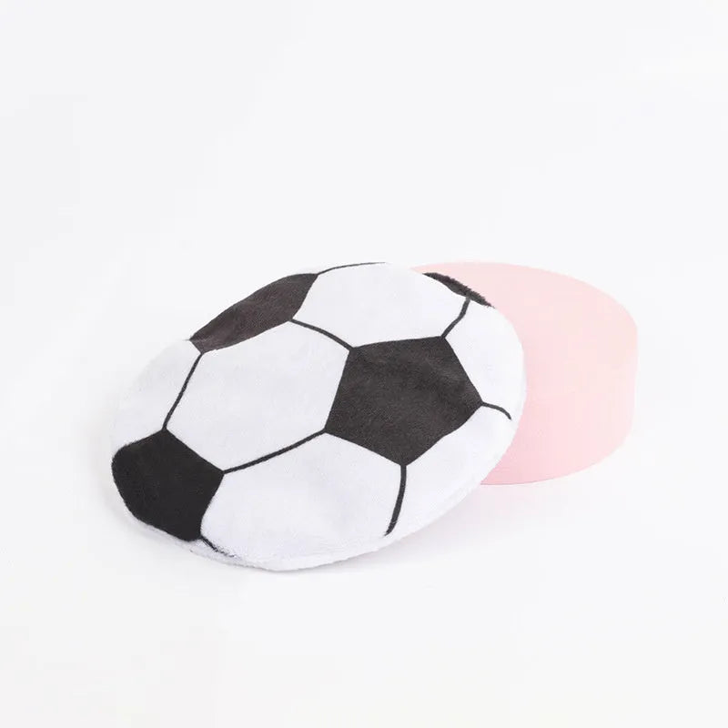 Soft plush cat toy with sports ball pattern, shown as a flat flying disc with dimensions 5 cm by 5 cm