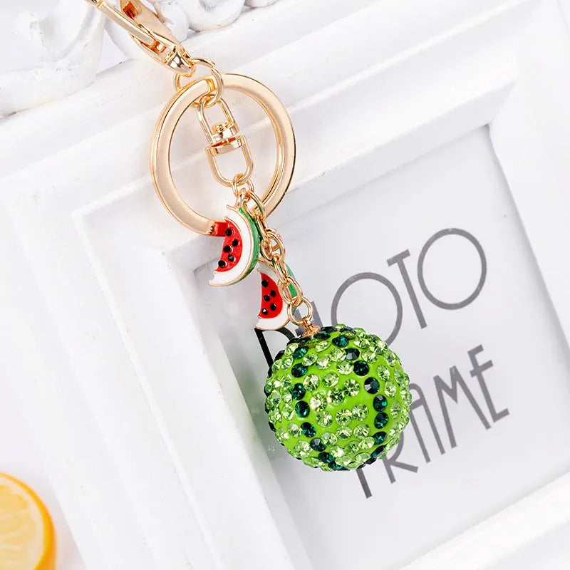 Green watermelon fruit keychain made from zinc alloy measuring 12 cm in length