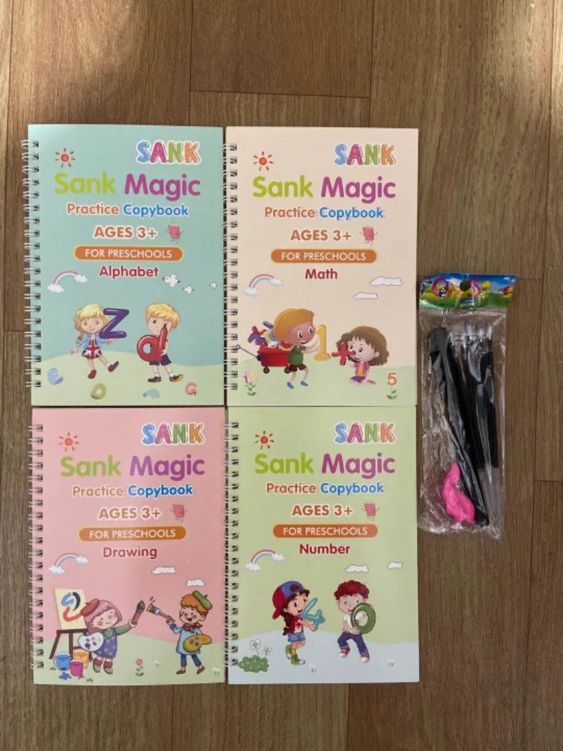 Magic calligraphy practice set showing four A5 books with square slot design, reusable stylus, and refills in black, grey and white colour options
