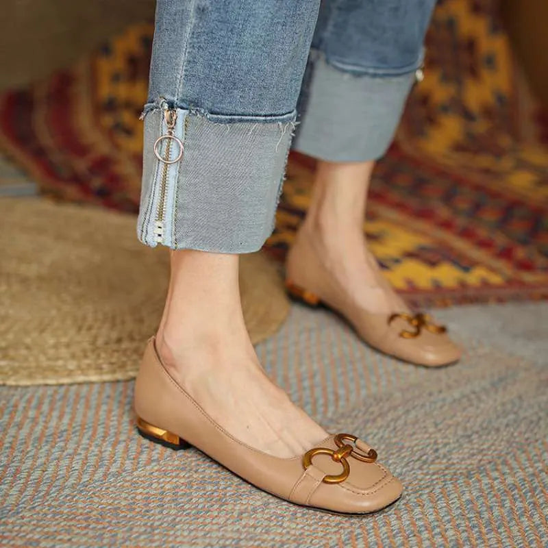 Women's Wanwan Lei style low heel Mary Jane pumps with square toe in apricot colour option