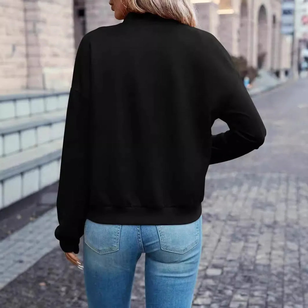Black women's casual zip jacket with long sleeves and faux pocket detailing