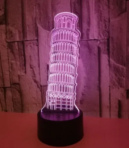 Leaning Tower of Pisa 3D acrylic nightlight with colourful LED illumination on a black base.