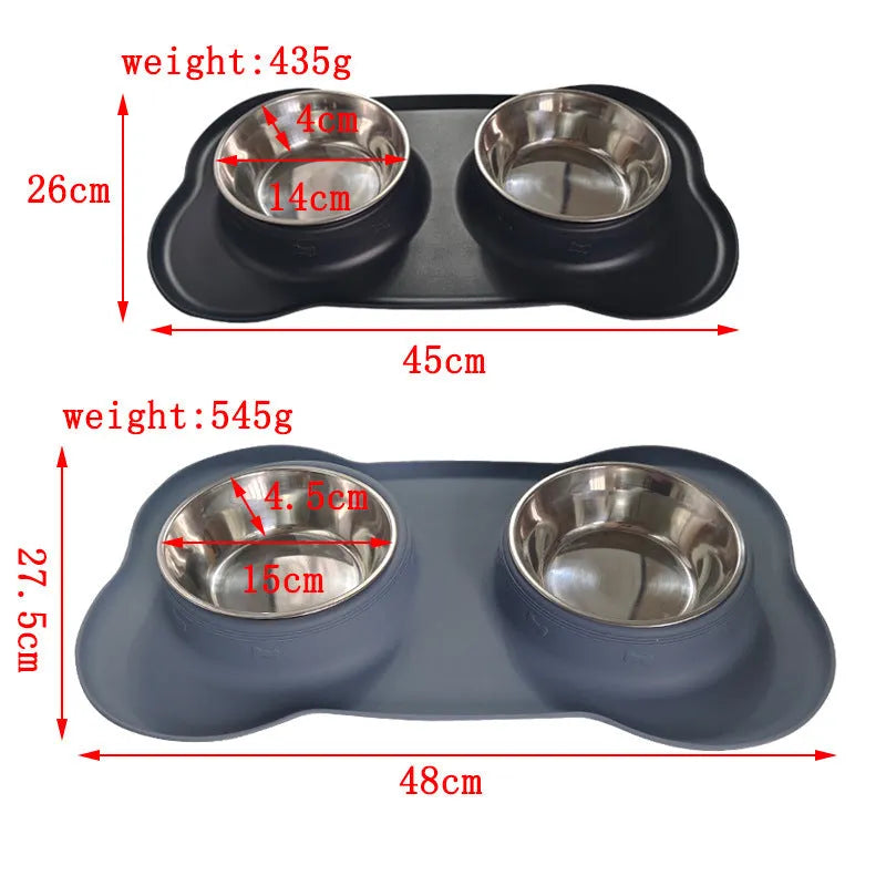 Large silicone pet feeding mat with two stainless steel bowls in silver grey colour
