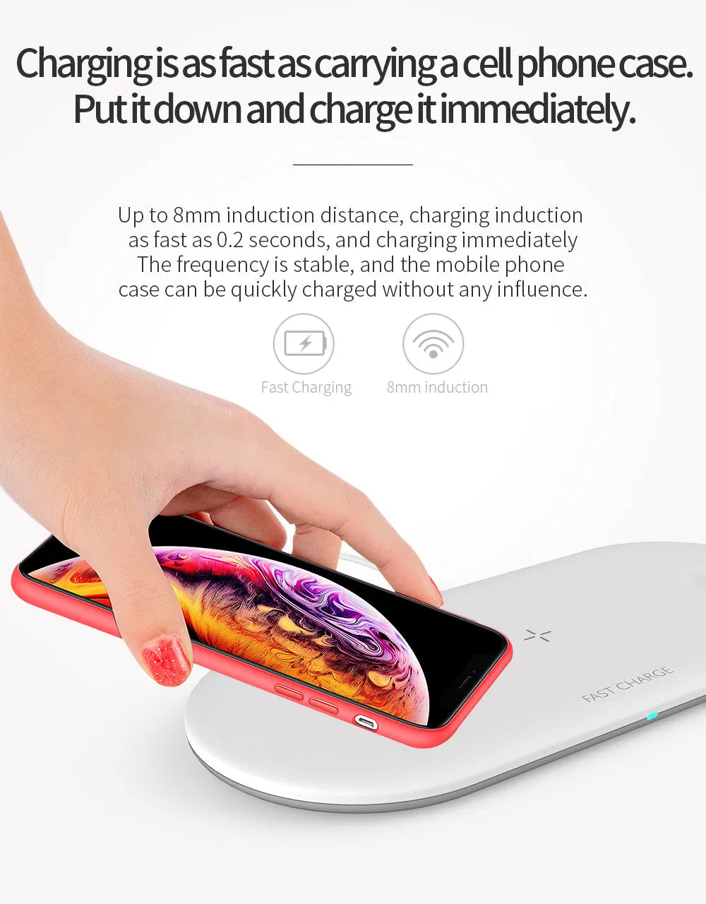 Black and white third-party wireless charging station for Apple iPhone, Watch, and AirPods on a desk.
