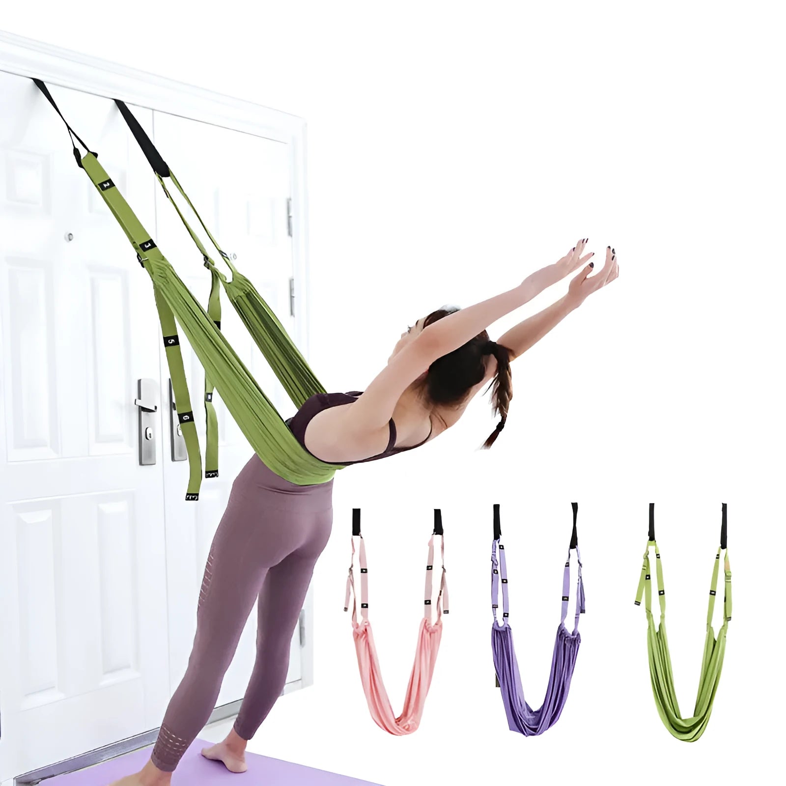 Green yoga stretch belt with door anchor for inversion exercises, 660lbs capacity