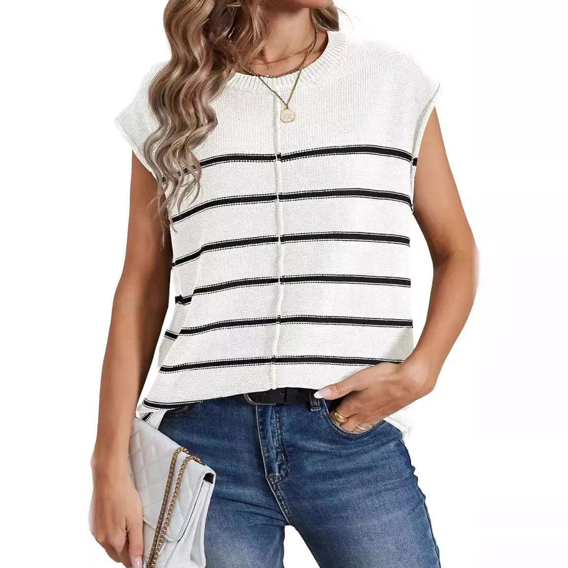 A women's striped sleeveless pullover vest in apricot colour with bone stitching detail.