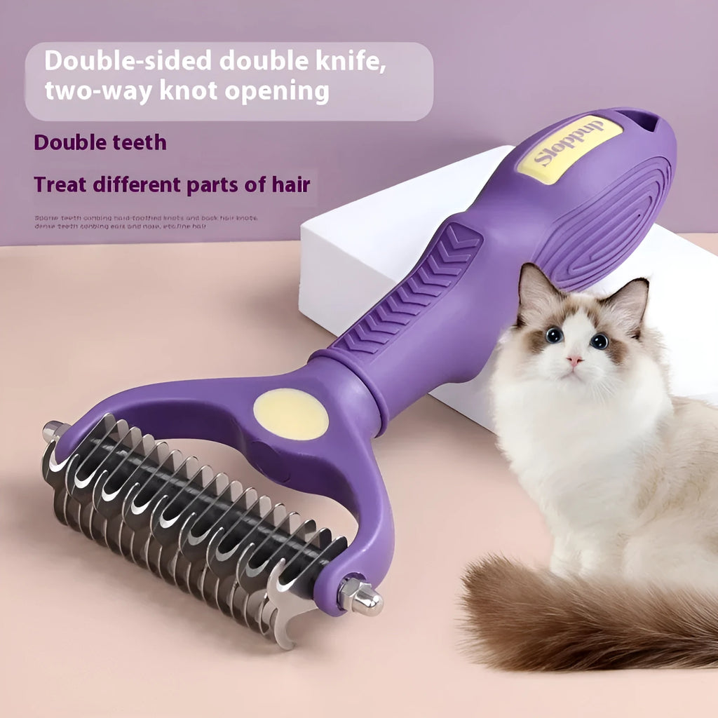 Purple double-sided plastic pet comb for detangling knots on dogs and cats