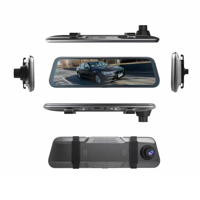 Black driving recorder rearview mirror with 10-inch touch screen displaying road footage