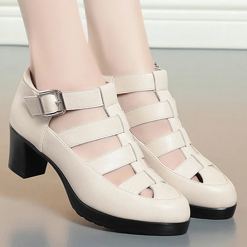 Women's beige closed toe sandals with chunky heel, woven hollowed design, and ankle-strap buckle