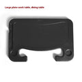 Black ABS car steering wheel tray holding a laptop, with a foldable drink cup holder attached.