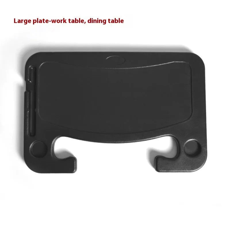 Black ABS car steering wheel tray holding a laptop, with a foldable drink cup holder attached.