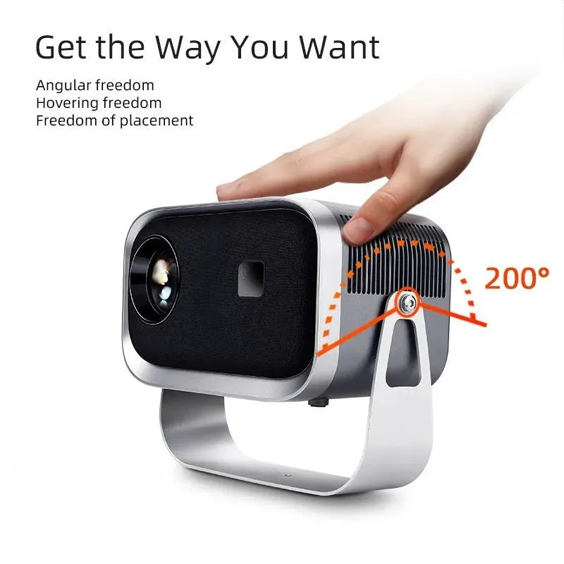 Portable Android smart home cinema projector with 1080p resolution and mobile phone screen mirroring capability.