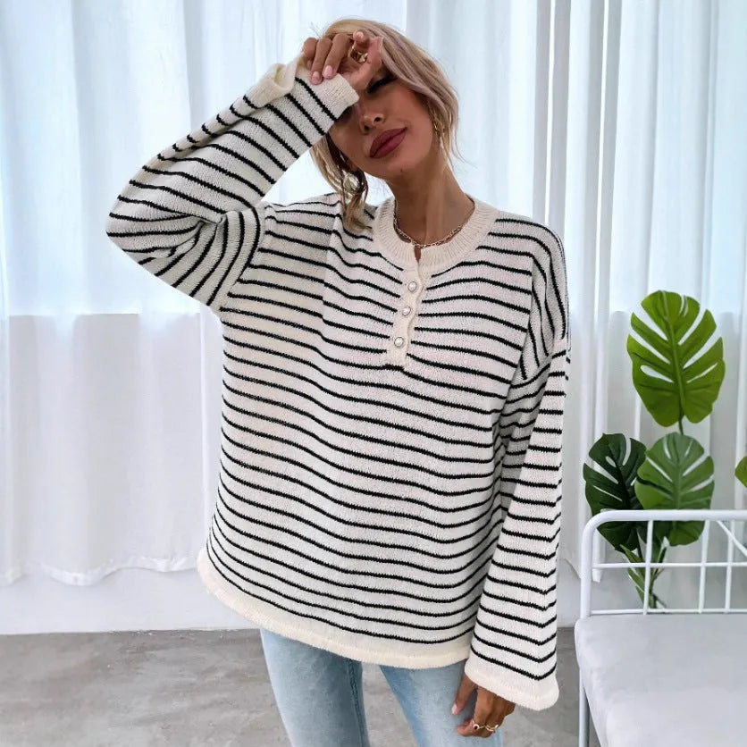 Black women's striped top with drop-shoulder sleeves and loose casual fit