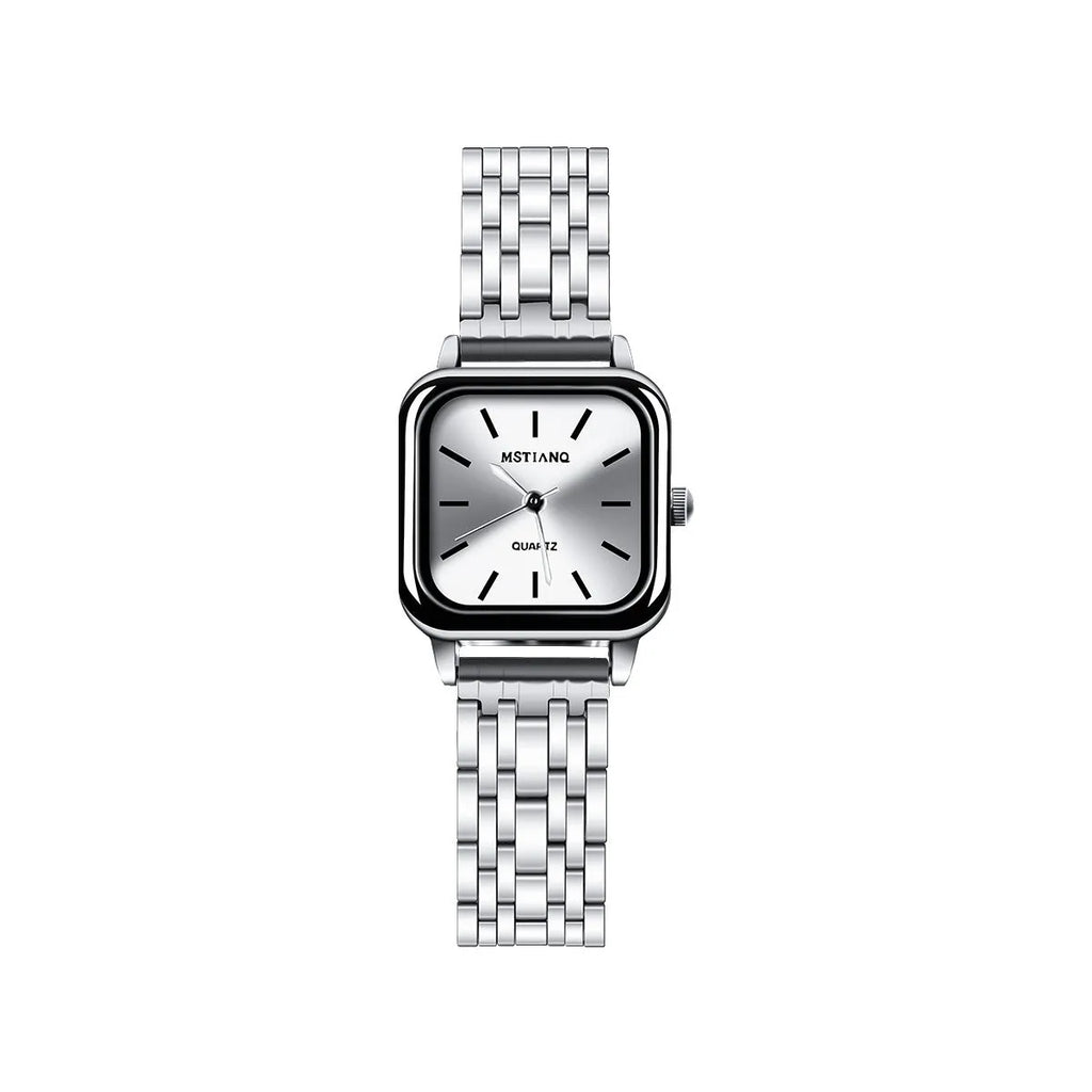 Slim retro quartz watch for women with bamboo strap in silver finish 8mm thick