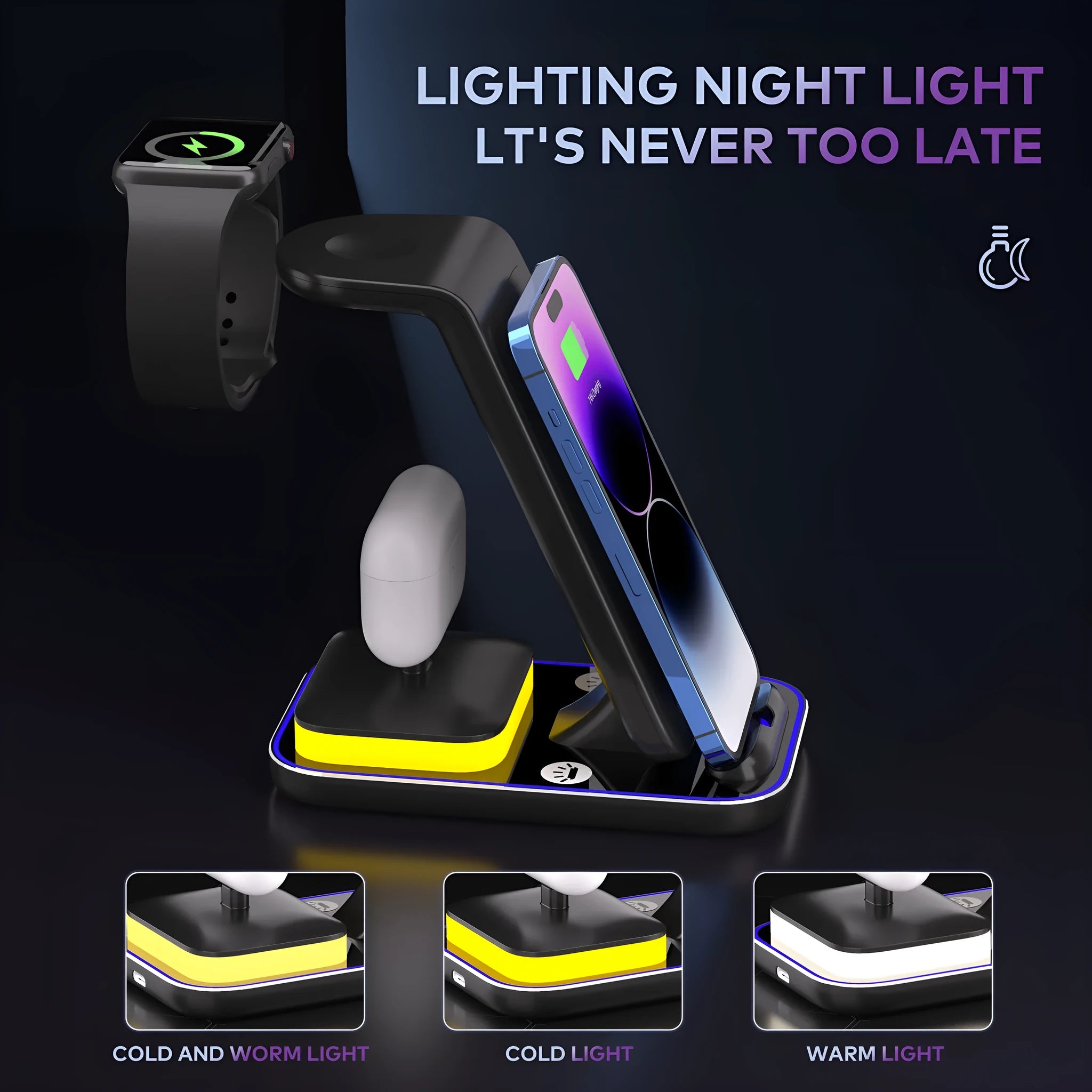 Black vertical wireless charging stand with phone, smartwatch and earbuds charging simultaneously