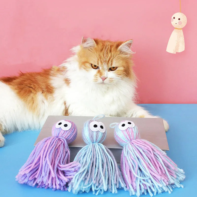 Bite-resistant wool ball and cat teaser stick toy set in assorted colours