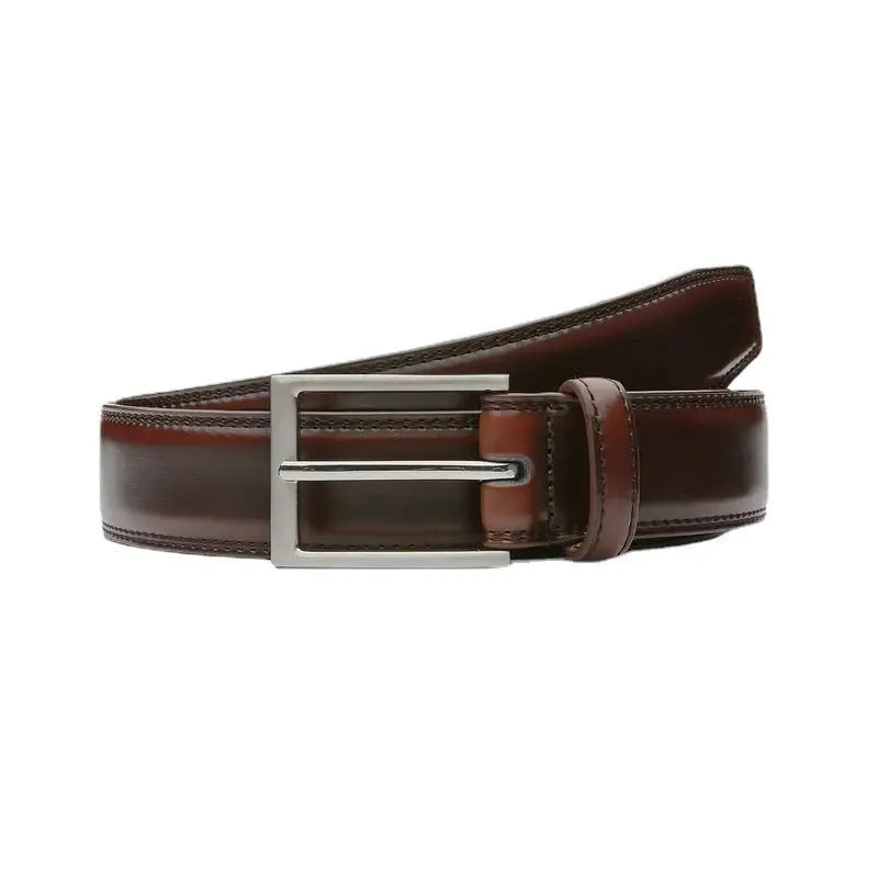 Men's brown genuine leather belt with 95 grain texture and alloy buckle on a white background