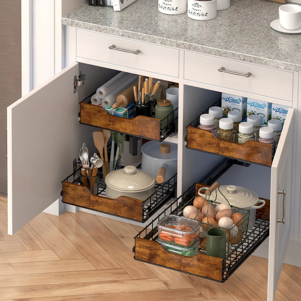 Black household storage rack with wood and iron construction featuring pull basket design