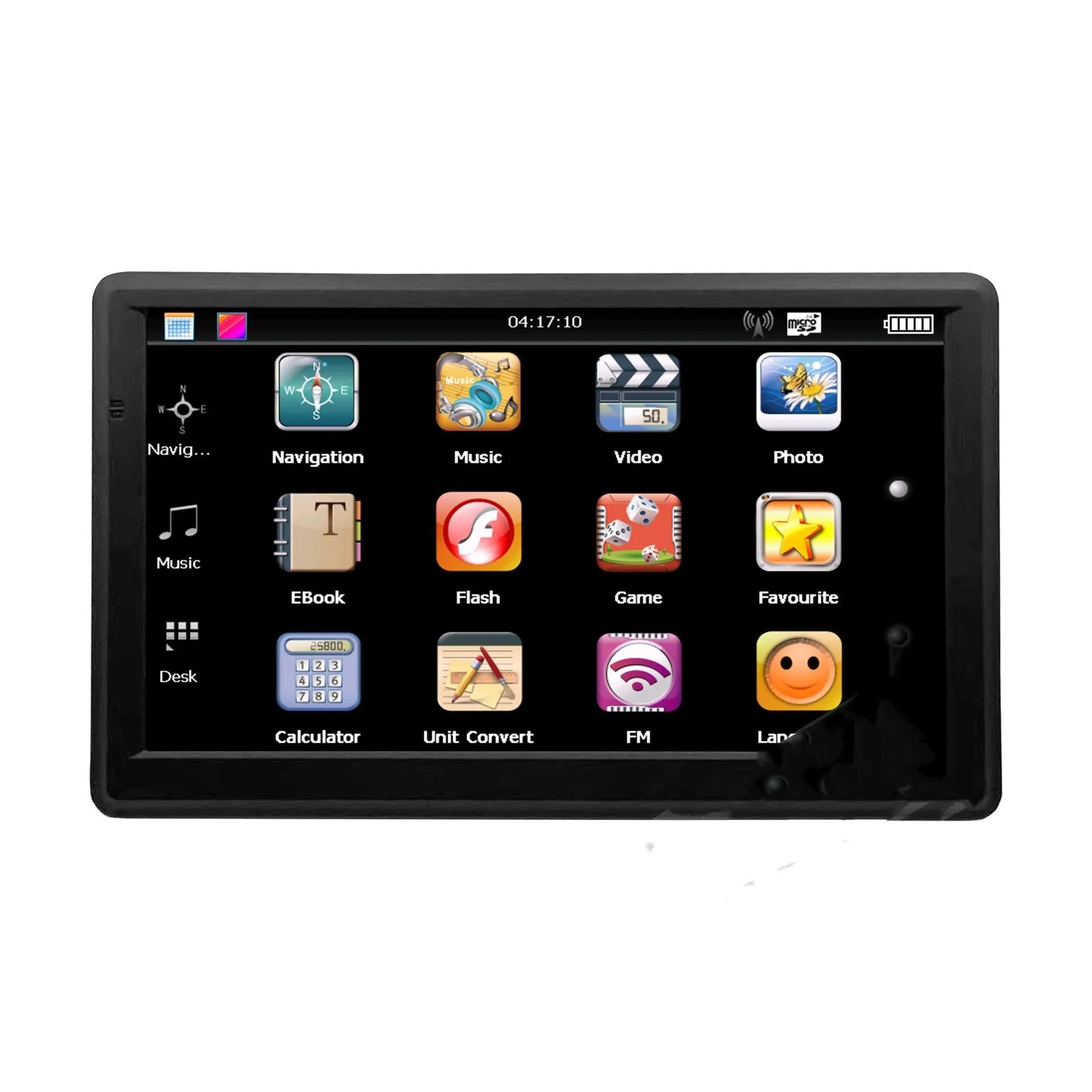 7 inch portable car GPS navigation device on a dashboard bracket showing a map on its HD touch screen.