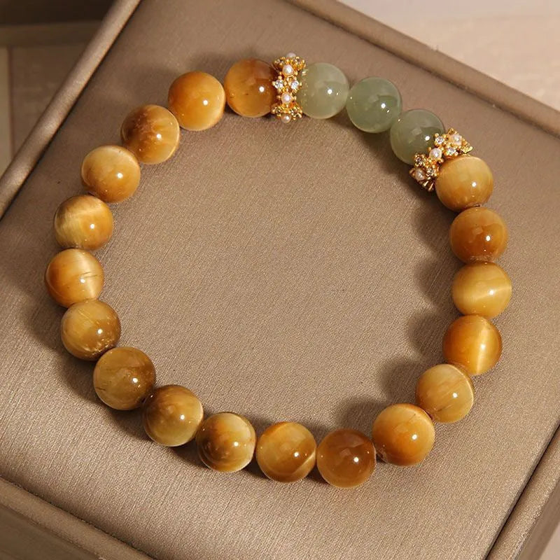 Natural yellow Tiger's Eye stone bracelet in U-shape with auspicious patterns, shown in golden gourd, bamboo joint, and lace styles.