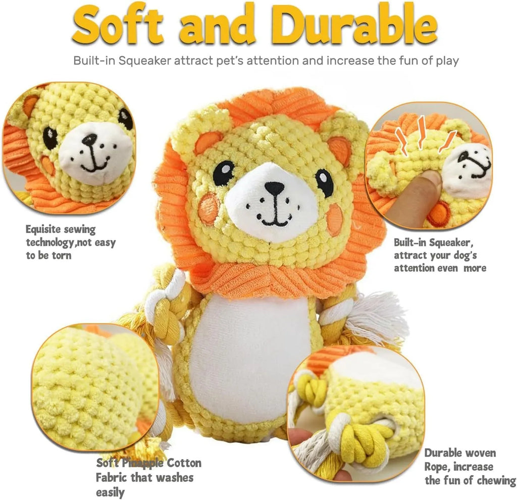 Two plush squeaky dog toys: yellow lion design and brown monkey design with internal squeakers
