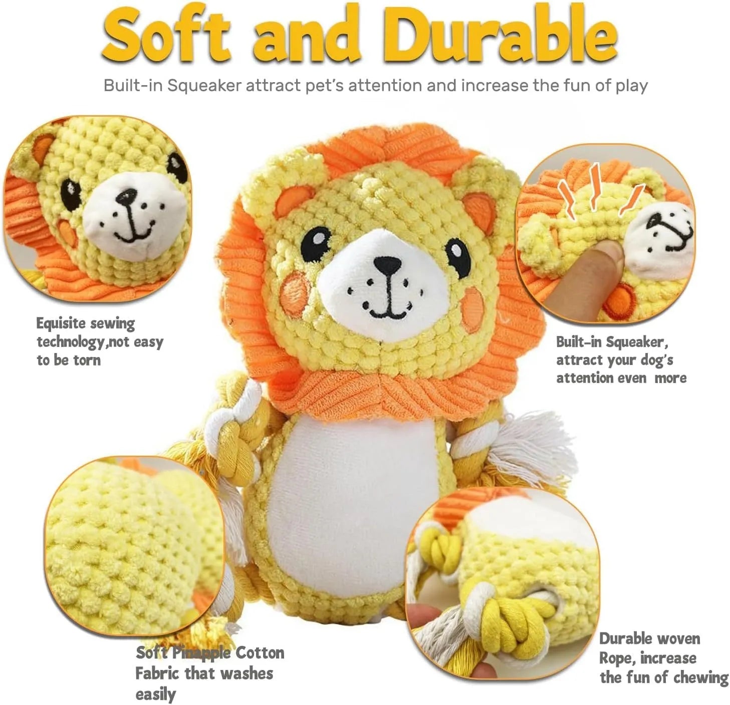 Two plush squeaky dog toys: yellow lion design and brown monkey design with internal squeakers