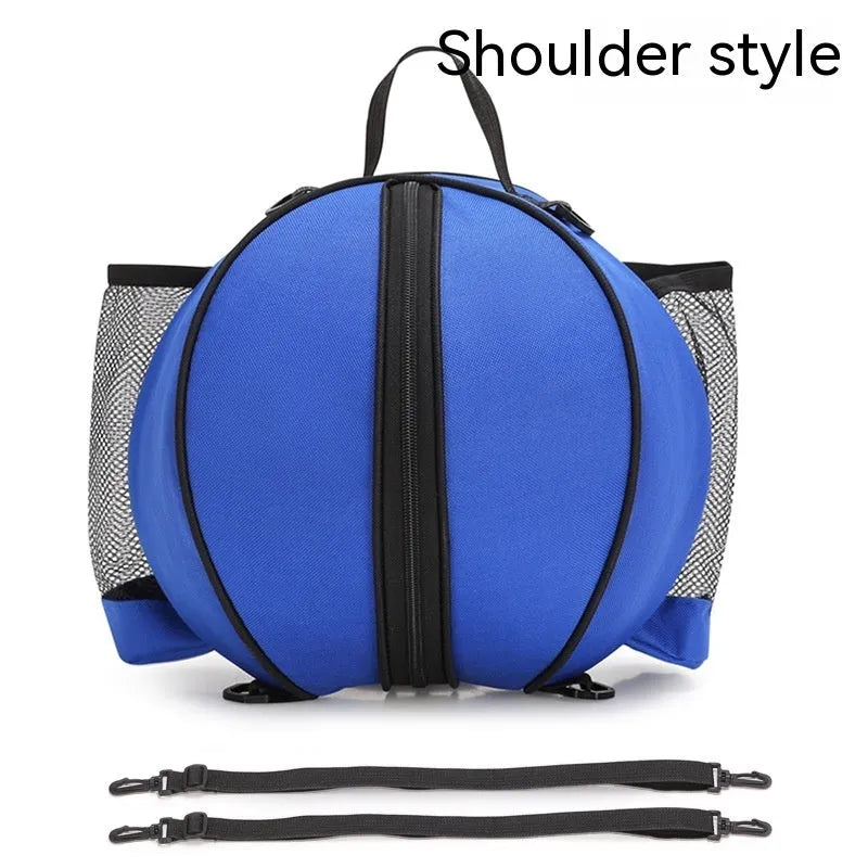 Black Oxford cloth basketball bag with one shoulder strap, shown next to a basketball.