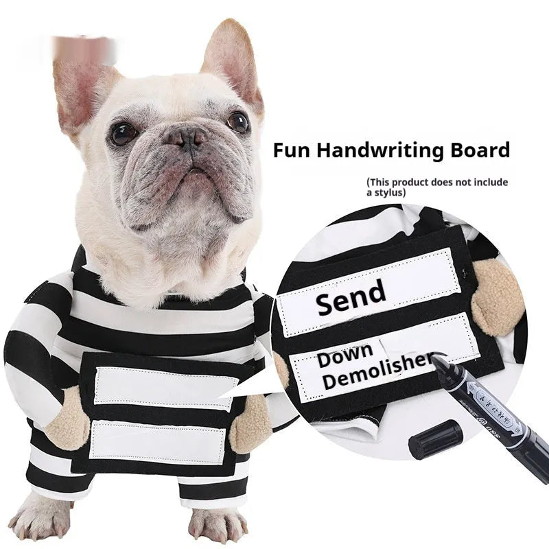 Black and white striped dog Halloween costume on a dog, made from polyester, available in sizes S to XL