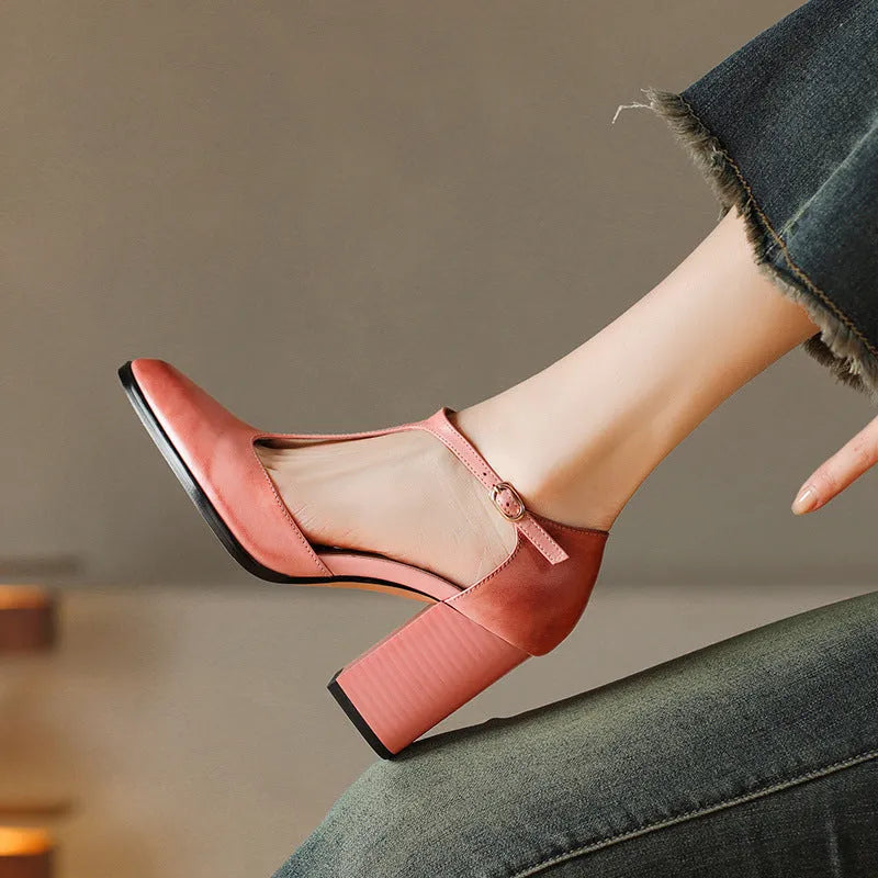 Women's retro pointed-toe Mary Jane shoes with buckle in pink or dark brown cowhide