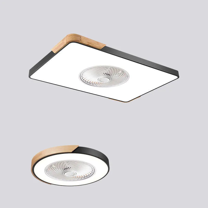 Nordic style ceiling fan with light fixture showing solid wood blades and PVC lampshade in rectangular configuration