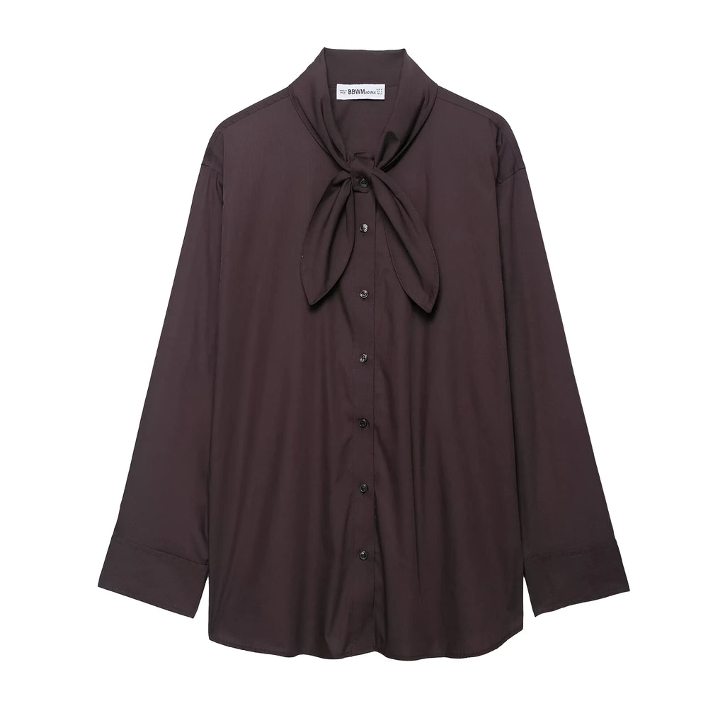 Brown women's poplin shirt with built-in bow tie scarf in loose cardigan style