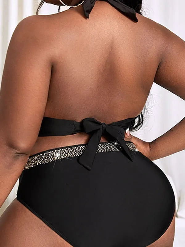 Black plus size women's bikini set with bra and shorts for swimming and sports