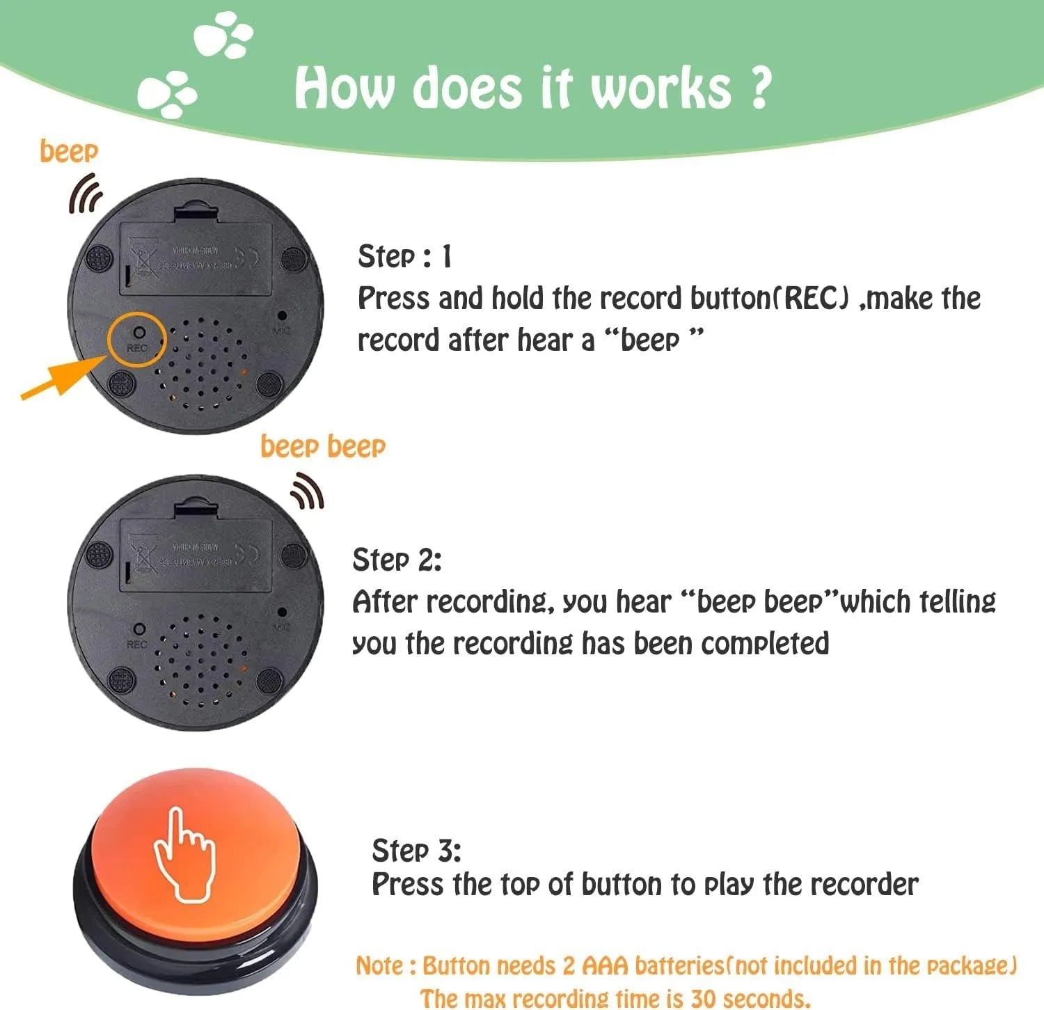 Blue voice recording button for pet training with 30-second record playback.