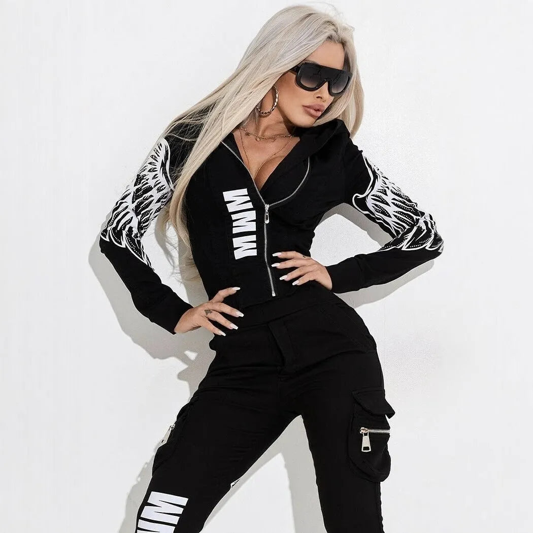 Black women's wings printing zipper hooded street casual suit with matching trousers